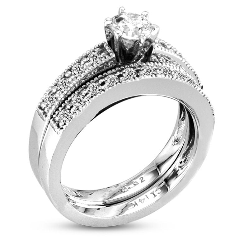 7/8 CT. T.W. Diamond Vintage-Style Bridal Set in 14K White Gold