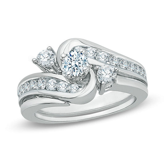 7/8 CT. T.W. Diamond Three Stone Slant Bypass Bridal Engagement Ring Set in 14K White Gold