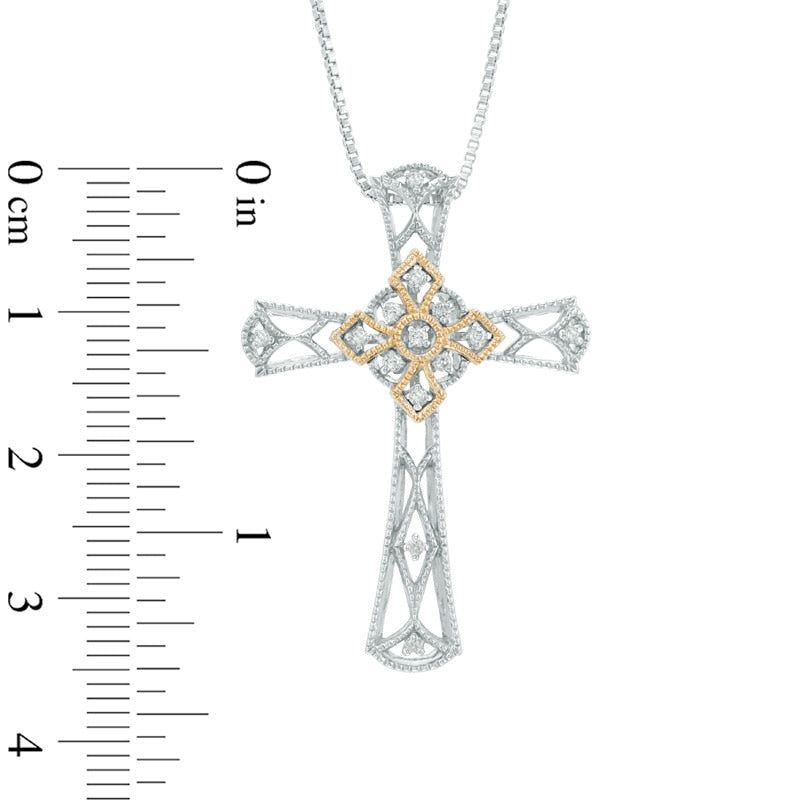 0.1 CT. T.W. Natural Diamond Antique Vintage-Style Cross Pendant in Sterling Silver and 14K Gold