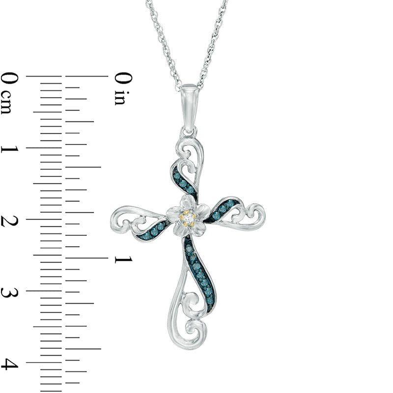 0.1 CT. T.W. Enhanced Blue and White Natural Diamond Cross Flower Pendant in Sterling Silver and 10K Yellow Gold