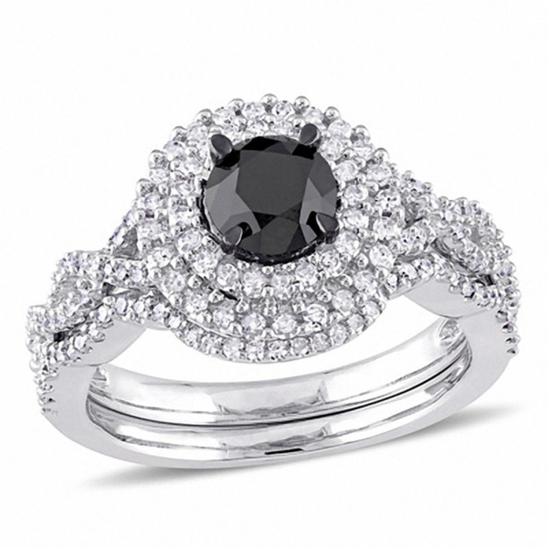 1-1/2 CT. T.W. Enhanced Black and White Diamond Double Frame Twist Shank Bridal Set in 14K White Gold