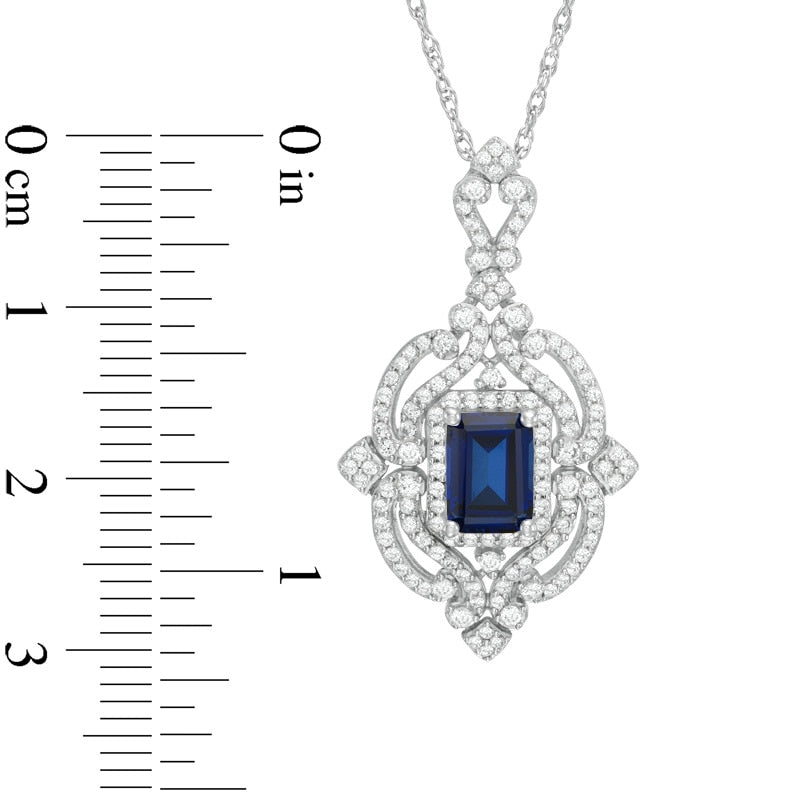 Emerald-Cut Lab-Created Blue and White Sapphire Antique Vintage-Style Frame Pendant in Sterling Silver