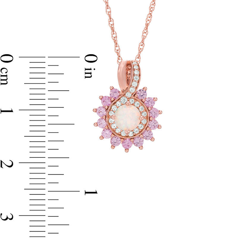 Lab-Created Opal, Pink and White Sapphire Starburst Frame Pendant in Sterling Silver and 14K Rose Gold Plate