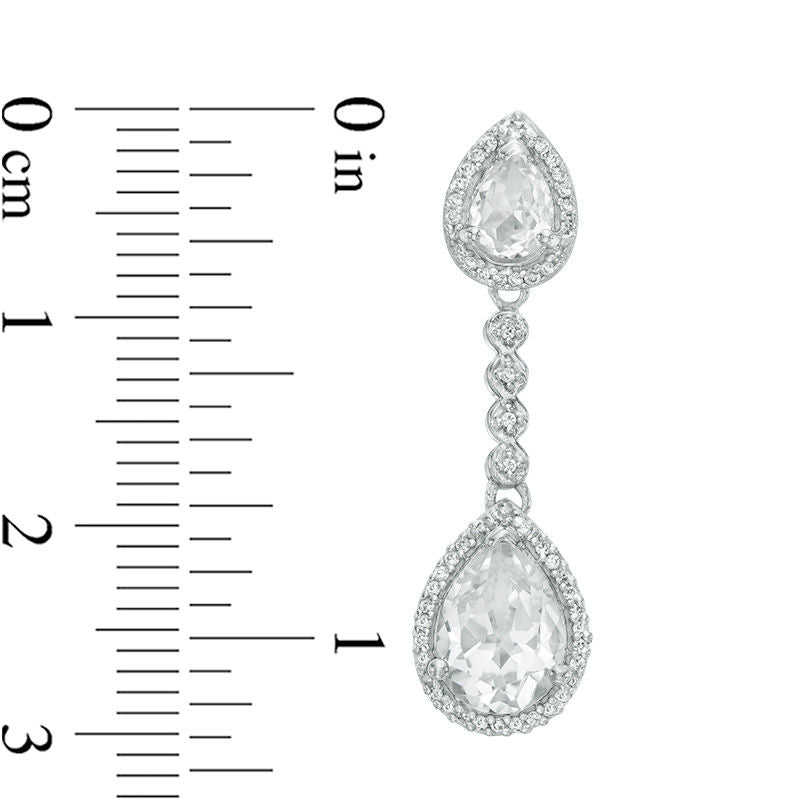 Pear-Shaped Lab-Created White Sapphire and 0.2 CT. T.W. Diamond Frame Double Drop Earrings in 10K White Gold