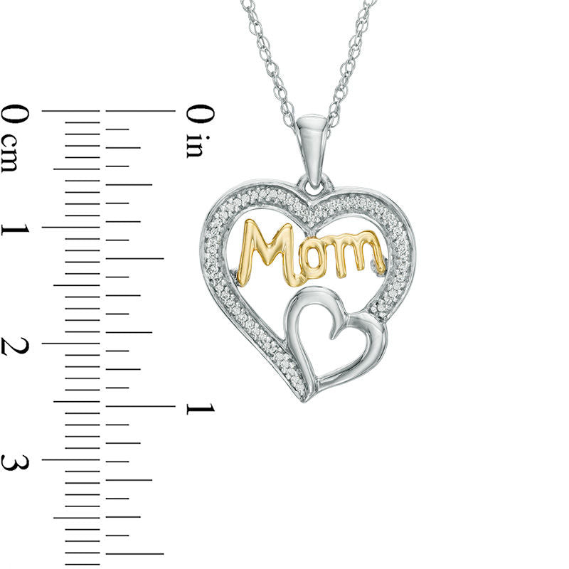 0.1 CT. T.W. Natural Diamond "Mom" Double Heart Pendant in Sterling Silver and 10K Yellow Gold