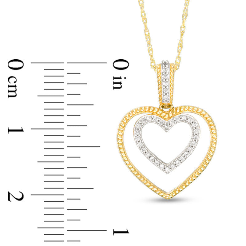 0.1 CT. T.W. Natural Diamond and Rope-Textured Double Heart Pendant in 10K Yellow Gold