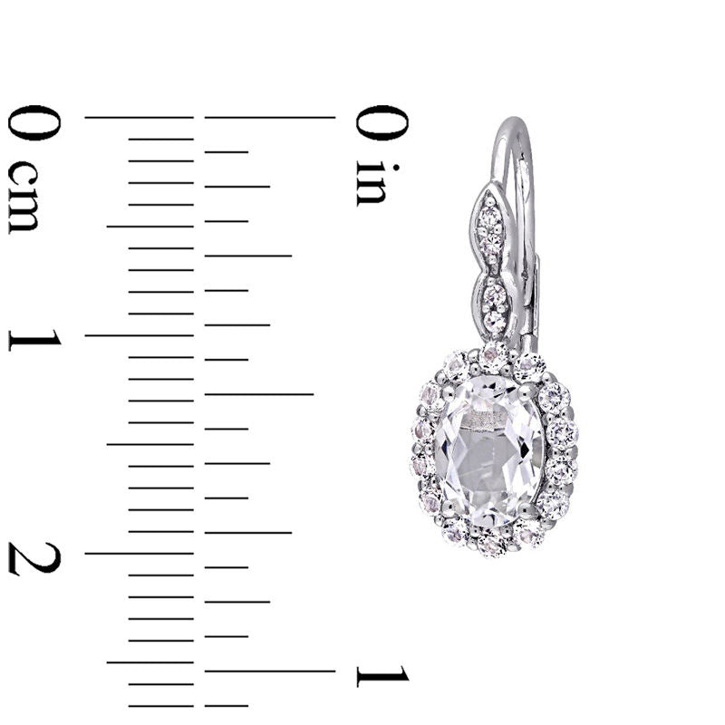 Oval White Topaz and Diamond Accent Frame Drop Earrings in 14K White Gold