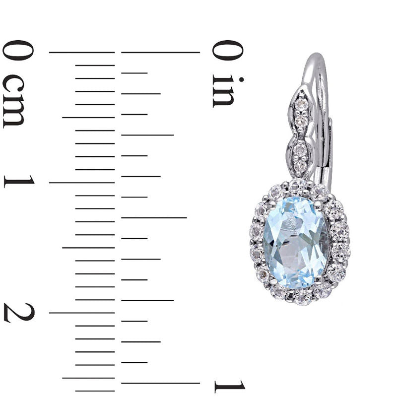 Oval Sky Blue and White Topaz and Diamond Accent Frame Drop Earrings in 14K White Gold