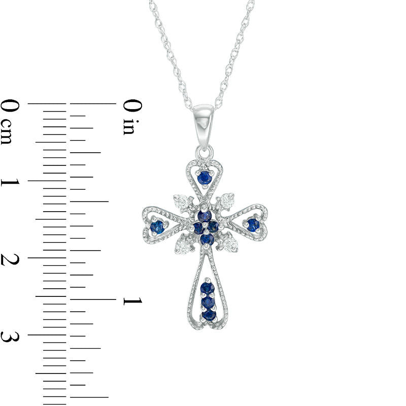 Blue Sapphire and 0.1 CT. T.W. Natural Diamond Gothic-Style Cross Pendant in 10K White Gold