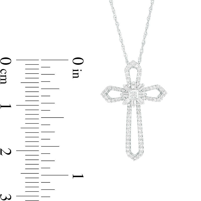 0.2 CT. T.W. Baguette and Round Natural Diamond Star Cross Pendant in 10K White Gold