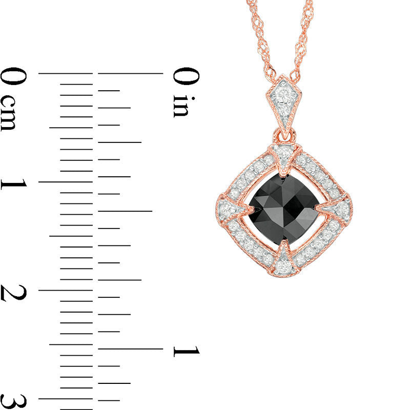 1.13 CT. T.W. Cushion-Cut Enhanced Black and White Natural Diamond Frame Antique Vintage-Style Pendant in 10K Rose Gold - 17"