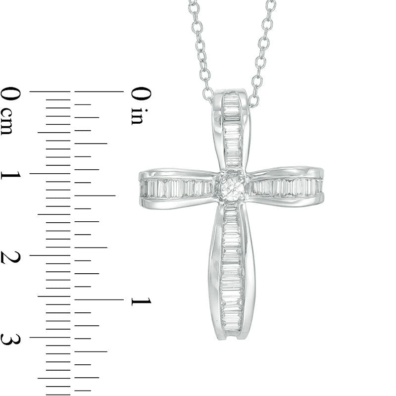 0.38 CT. T.W. Baguette and Round Natural Diamond Cross Pendant in 14K White Gold