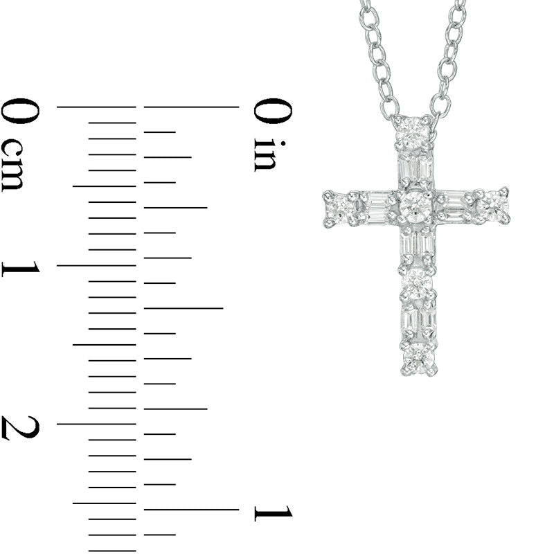 0.25 CT. T.W. Baguette and Round Natural Diamond Cross Pendant in 14K White Gold