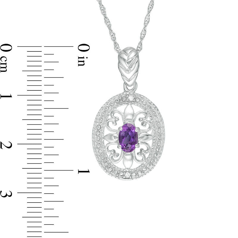 Oval Amethyst and Natural Diamond Accent Heart Antique Vintage-Style Pendant in Sterling Silver