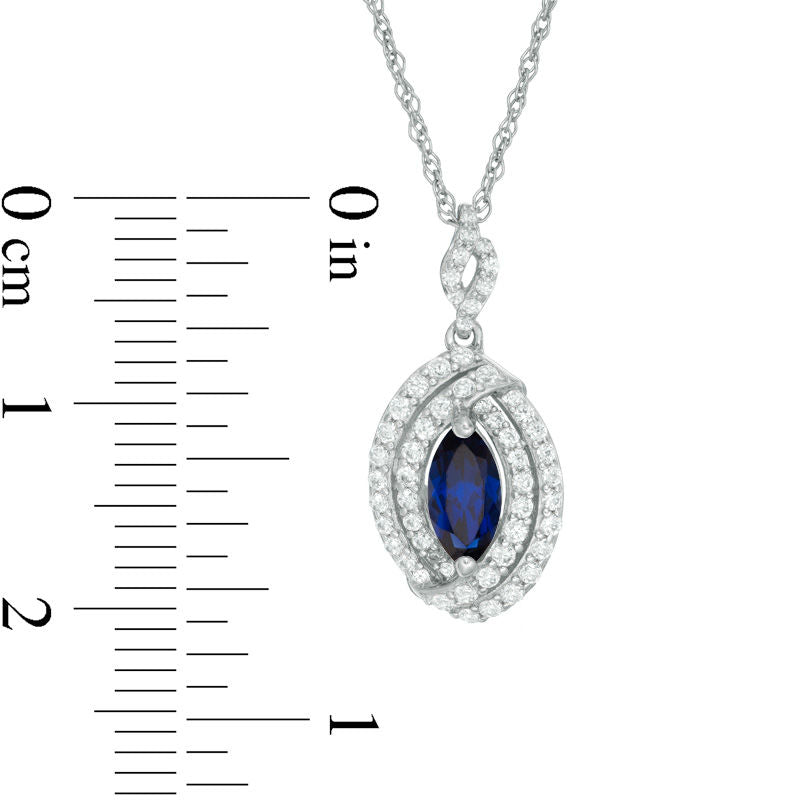 Marquise Lab-Created Blue and White Sapphire Double Swirl Frame Drop Pendant in Sterling Silver