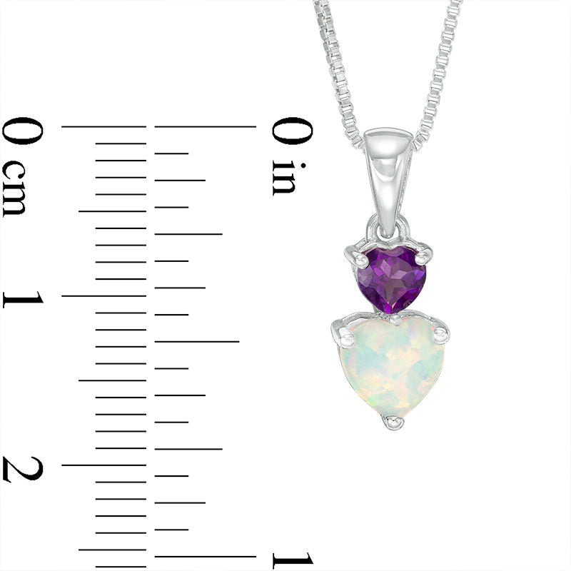 Heart-Shaped Lab-Created Opal and Amethyst Double Drop Pendant in Sterling Silver