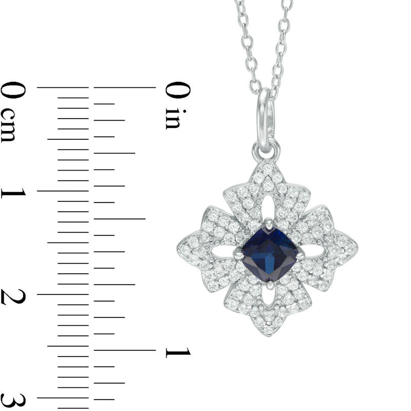 5.0mm Cushion-Cut Lab-Created Blue Sapphire and White Topaz Floral Pendant in Sterling Silver