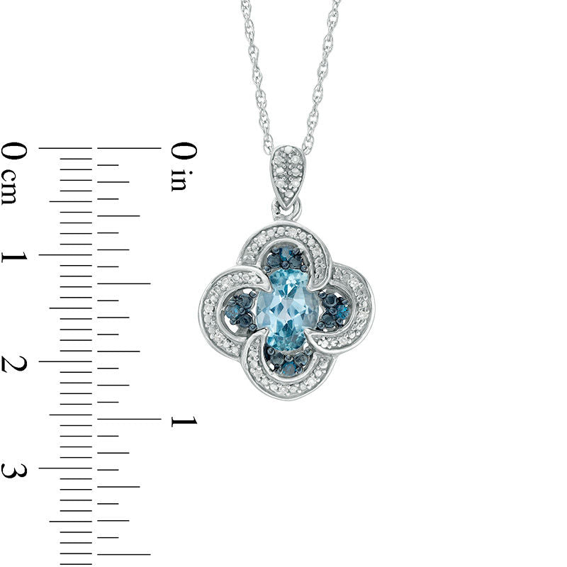 Oval Blue Topaz and 0.13 CT. T.W. Enhanced Blue and White Natural Diamond Swirl Frame Clover Drop Pendant in Sterling Silver