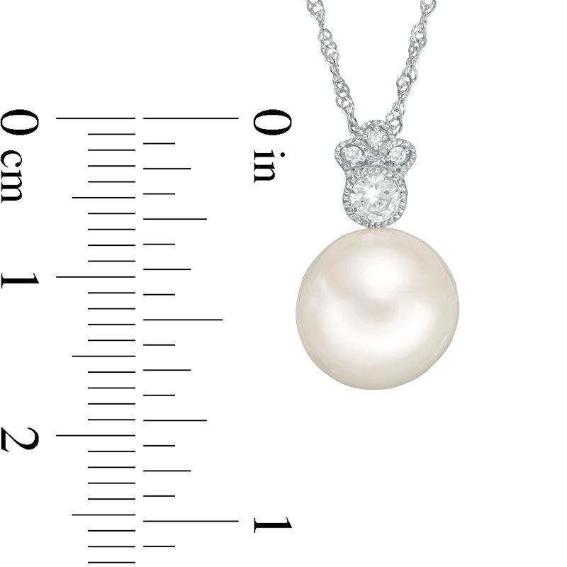 10.0 - 10.5mm Cultured Freshwater Pearl, White Sapphire and Natural Diamond Accent Antique Vintage-Style Pendant in 10K White Gold - 17"