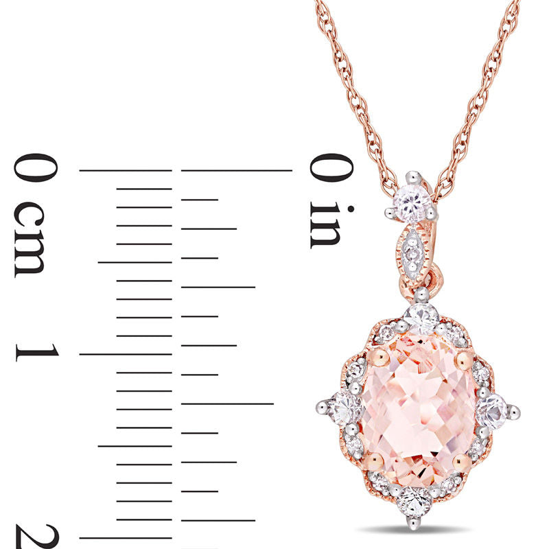 Oval Morganite, White Sapphire and Natural Diamond Accent Antique Vintage-Style Drop Pendant in 10K Rose Gold - 17"