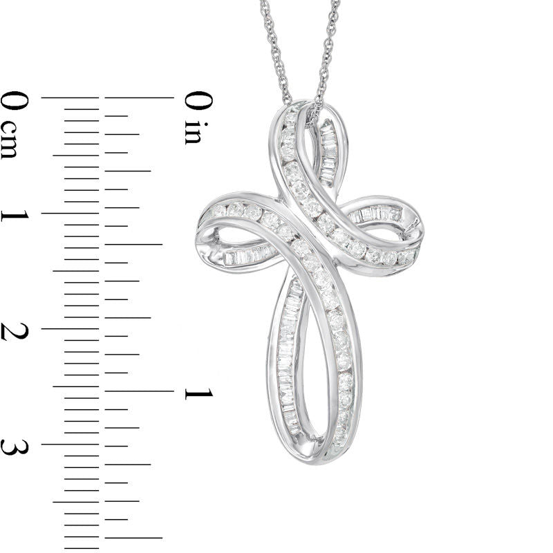 0.75 CT. T.W. Baguette and Round Natural Diamond Loop Cross Pendant in 10K White Gold