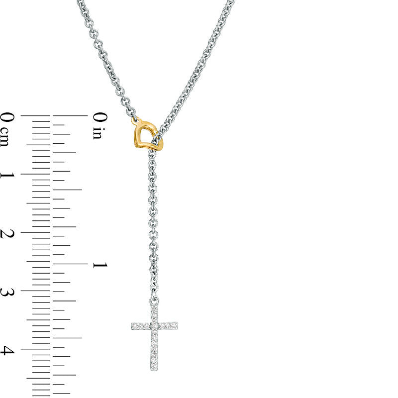 0.05 CT. T.W. Natural Diamond Cross with Heart "Y" Necklace in Sterling Silver and 10K Yellow Gold