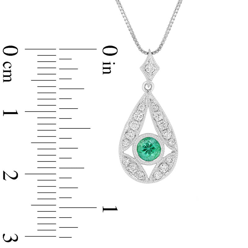 Emerald and 0.2 CT. T.W. Natural Diamond Antique Vintage-Style Teardrop Pendant in 14K White Gold