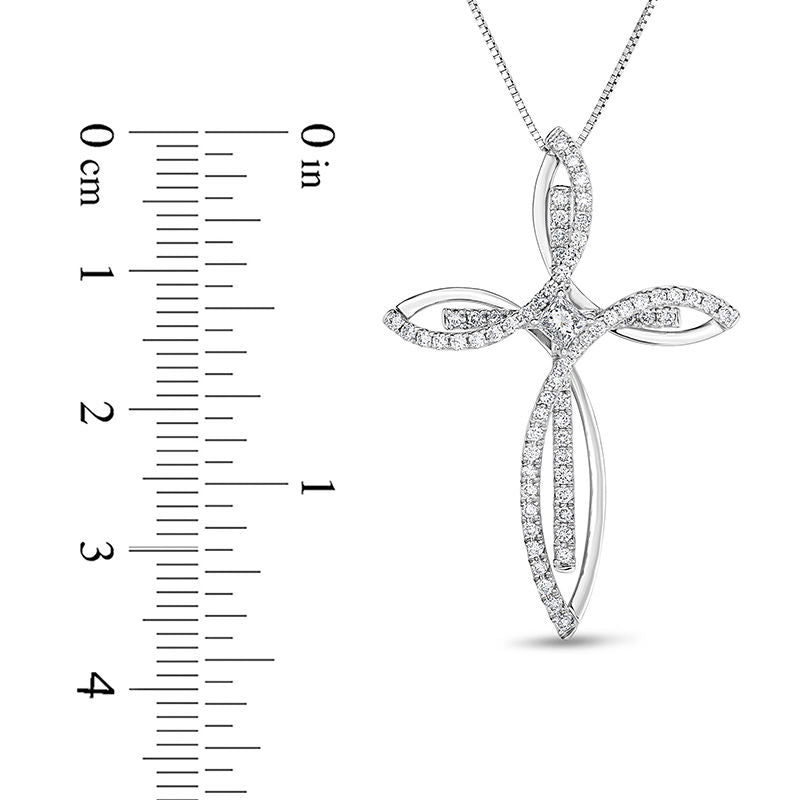 0.63 CT. T.W. Princess-Cut and Round Natural Diamond Looping Overlay Cross Pendant in 14K White Gold