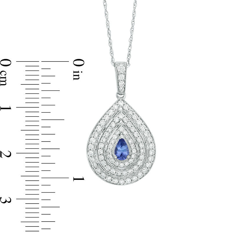 Pear-Shaped Tanzanite and 0.63 CT. T.W. Natural Diamond Triple Frame Antique Vintage-Style Pendant in 14K White Gold