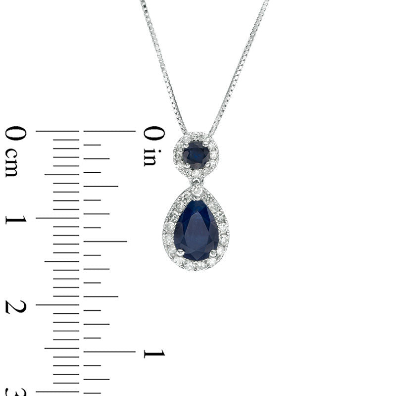 Blue Sapphire and 0.17 CT. T.W. Natural Diamond Frame Drop Pendant in 10K White Gold