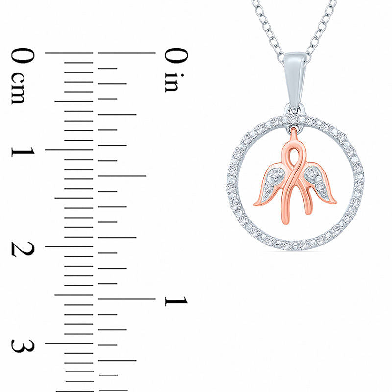 0.05 CT. T.W. Natural Diamond Ribbon with Angel Wings Dangle and Circle Pendant in Sterling Silver with 14K Rose Gold Plate