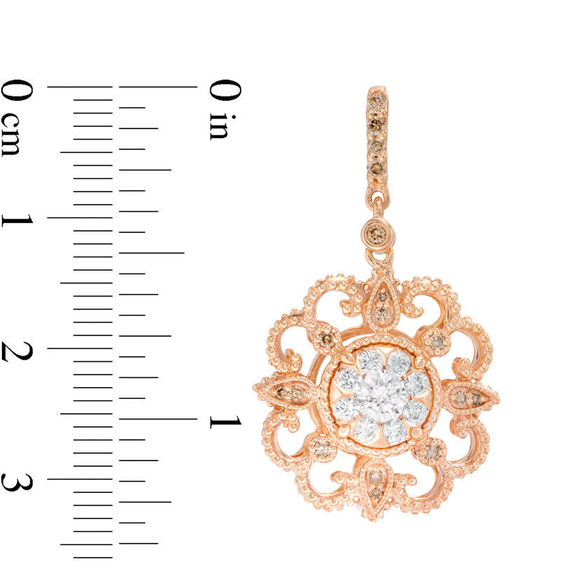 1.25 CT. T.W. Enhanced Champagne and White Diamond Filigree Vintage-Style Drop Earrings in 10K Rose Gold