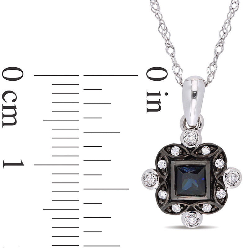 Princess-Cut Blue Sapphire and 0.05 CT. T.W. Natural Diamond Art Deco Drop Pendant in 10K White Gold and Black Rhodium - 17"