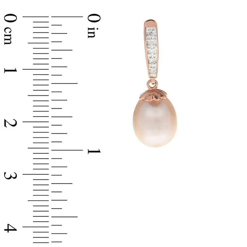 8.0 - 8.5mm Oval Pink Cultured Freshwater Pearl and 0.05 CT. T.W. Diamond Drop Earrings in 14K Rose Gold