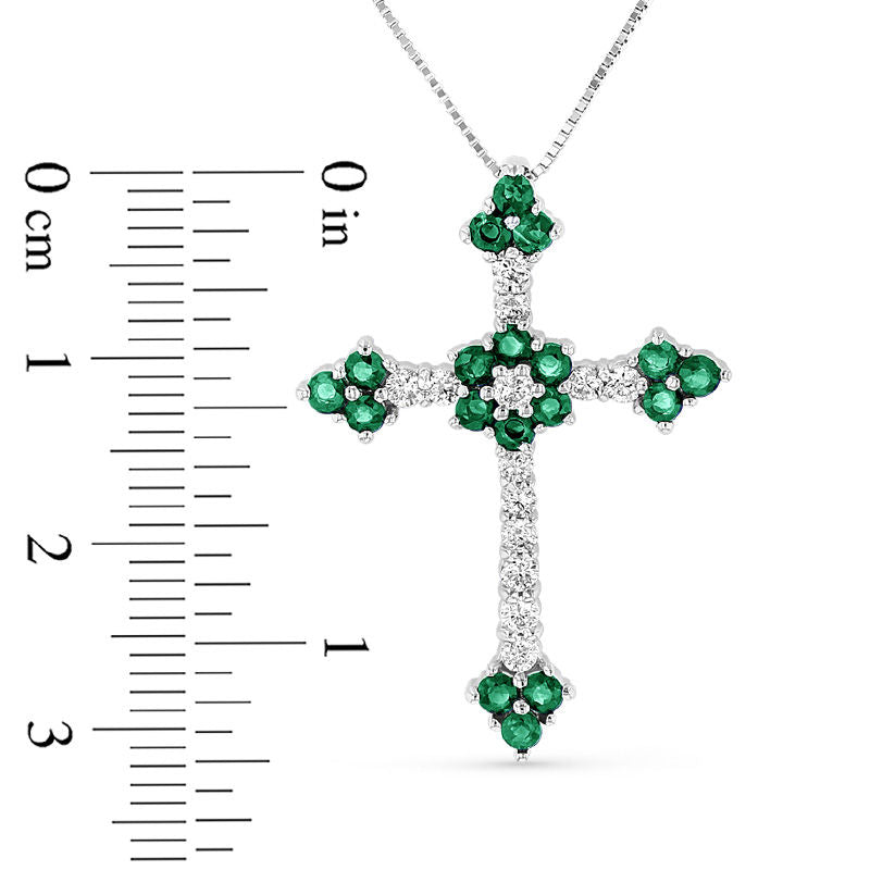 Emerald and 0.33 CT. T.W. Natural Diamond Floral Cross Pendant in 14K White Gold