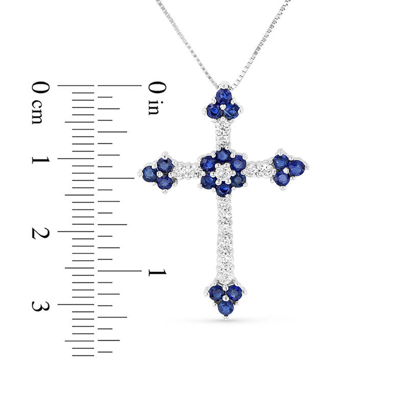 Blue Sapphire and 0.33 CT. T.W. Natural Diamond Floral Cross Pendant in 14K White Gold