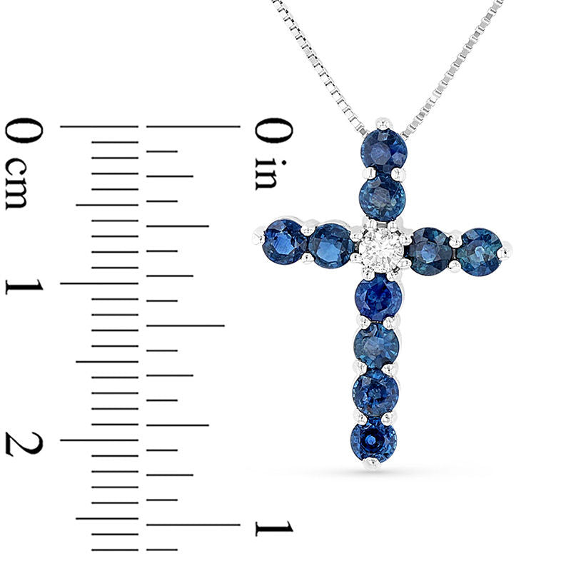 Blue Sapphire and 0.07 CT. Natural Diamond Cross Pendant in 14K White Gold