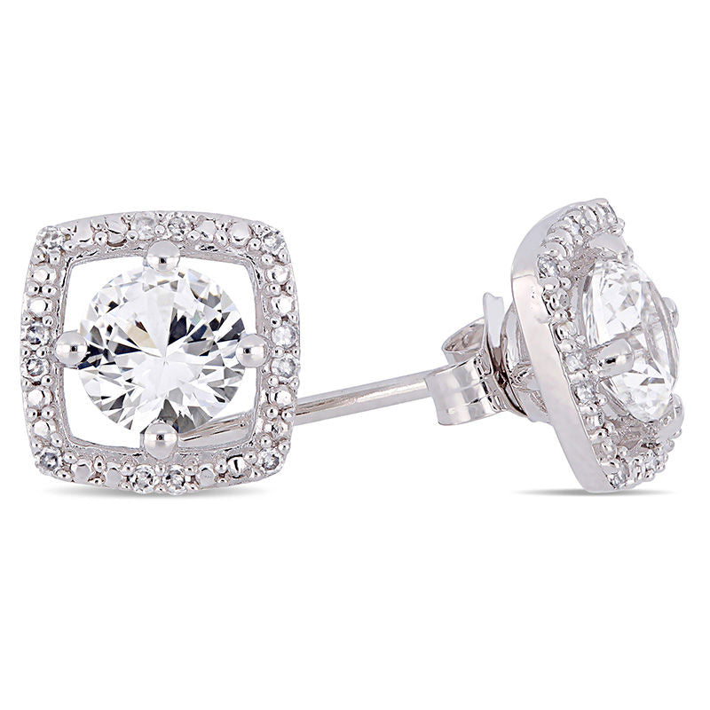 5.0mm Lab-Created White Sapphire and 0.07 CT. T.W. Diamond Cushion Frame Stud Earrings in 10K White Gold