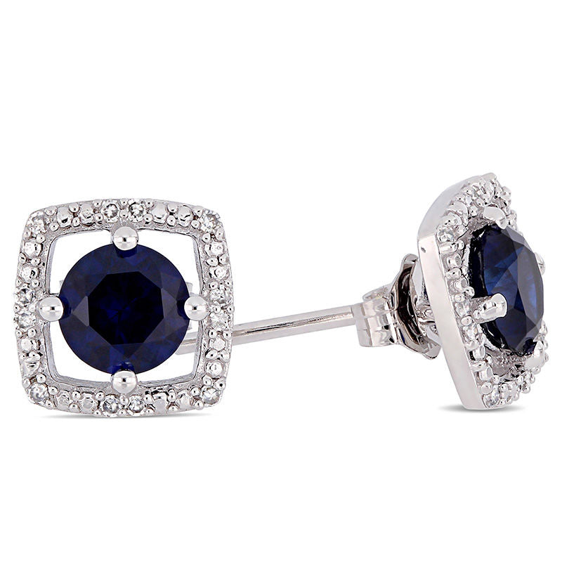 5.0mm Lab-Created Blue Sapphire and 0.07 CT. T.W. Diamond Cushion Frame Stud Earrings in 10K White Gold