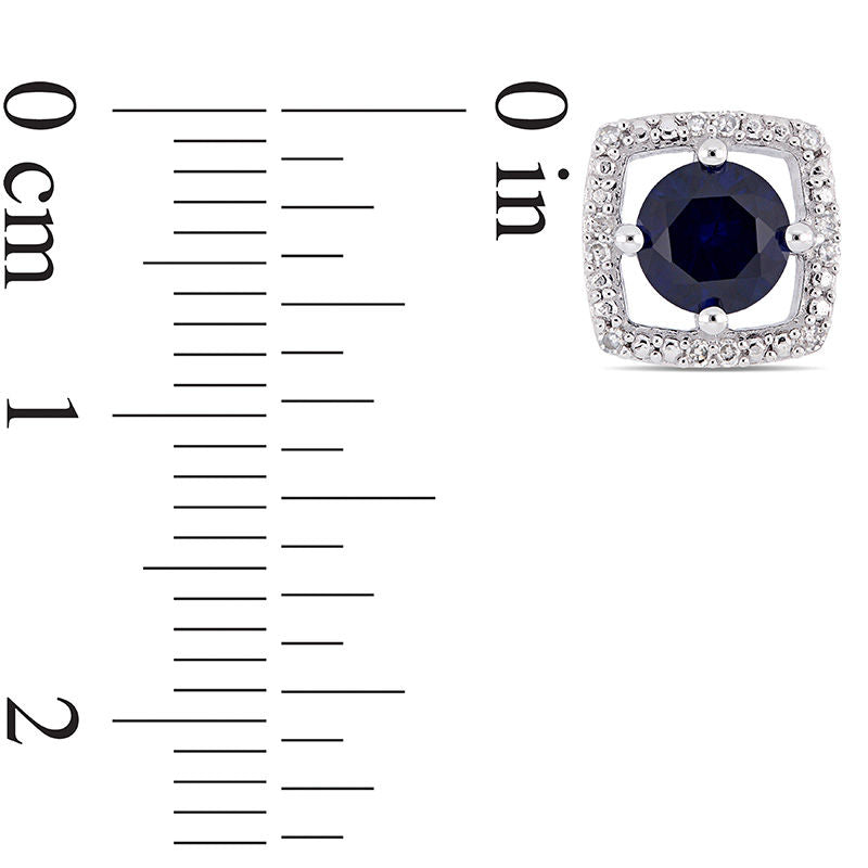 5.0mm Lab-Created Blue Sapphire and 0.07 CT. T.W. Diamond Cushion Frame Stud Earrings in 10K White Gold