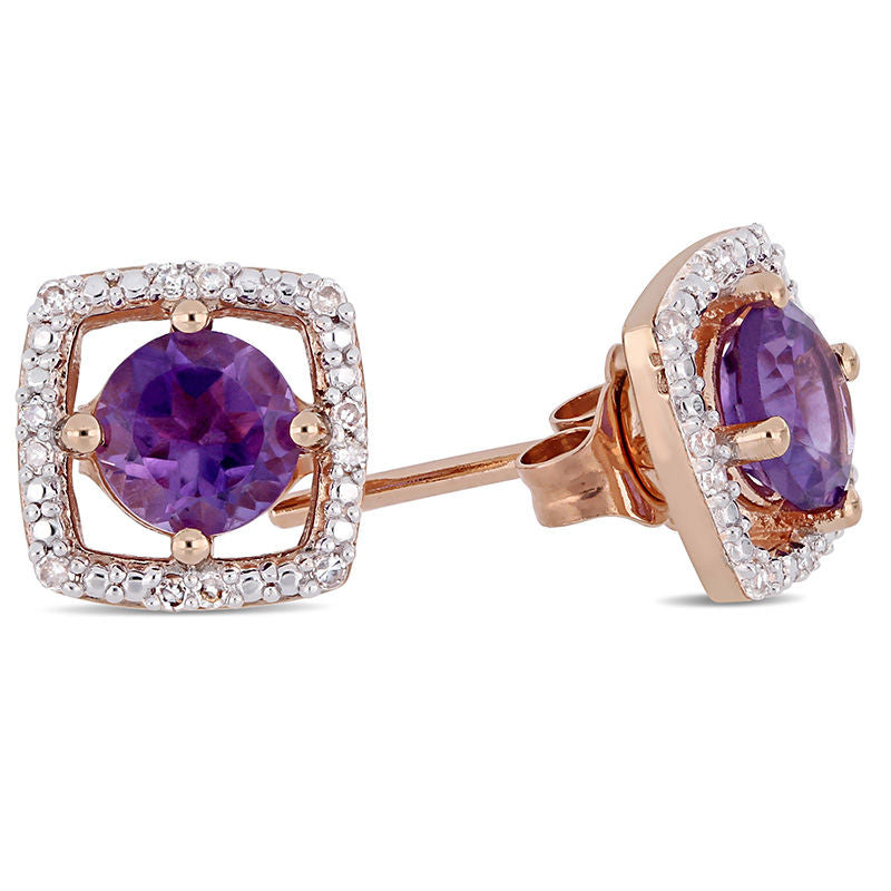 5.0mm Amethyst and 0.07 CT. T.W. Diamond Cushion Frame Stud Earrings in 10K Rose Gold