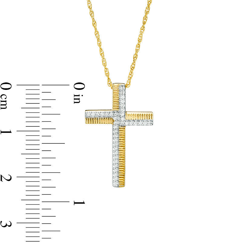 0.13 CT. T.W. Natural Diamond and Textured Cross Pendant in Sterling Silver with 14K Gold Plate