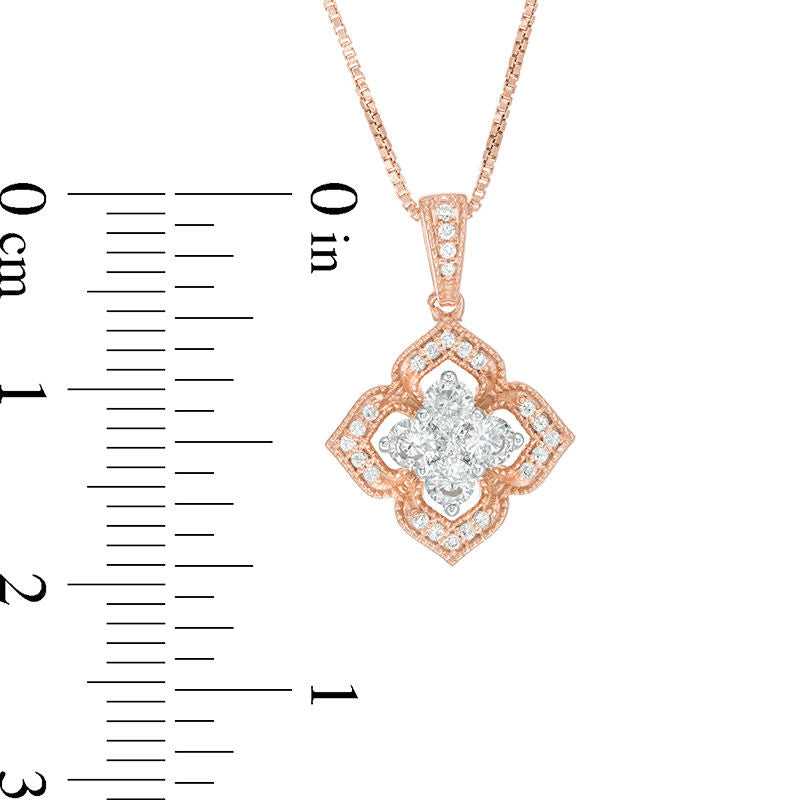 0.5 CT. T.W. Quad Natural Diamond Flower Frame Antique Vintage-Style Beaded Pendant in 10K Rose Gold