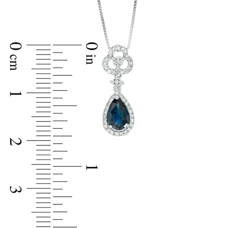 Pear-Shaped Blue Sapphire and 0.13 CT. T.W. Natural Diamond Frame Clover Drop Pendant in 10K White Gold