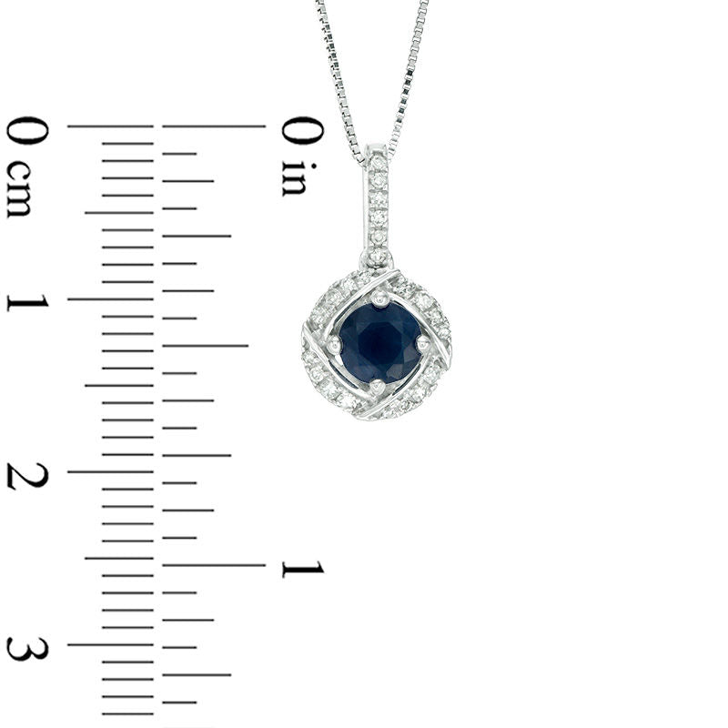 5.0mm Blue Sapphire and 0.1 CT. T.W. Natural Diamond Swirl Frame Drop Pendant in 10K White Gold