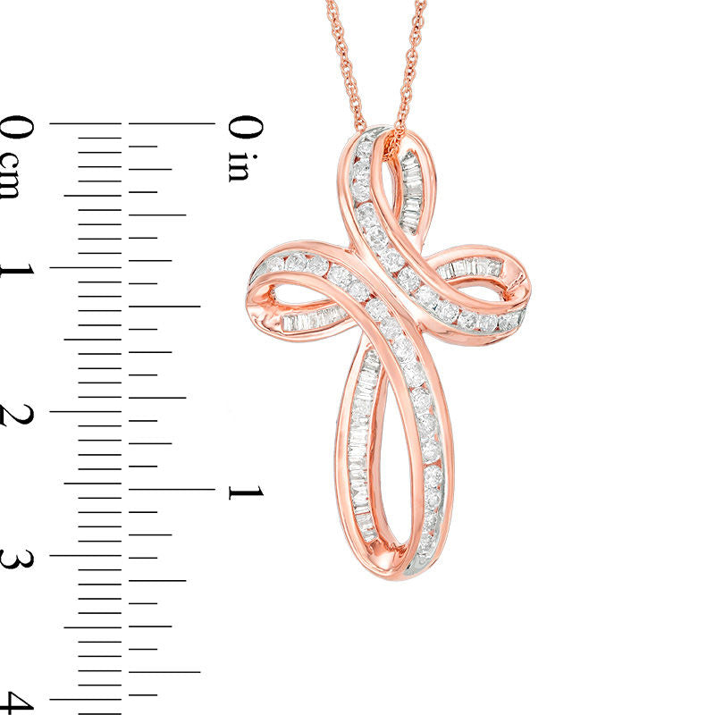 0.75 CT. T.W. Baguette and Round Natural Diamond Loop Cross Pendant in 10K Rose Gold