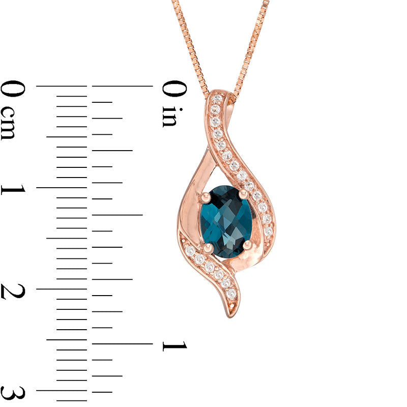 Oval London Blue and White Topaz Ribbon Flame Pendant in 10K Rose Gold