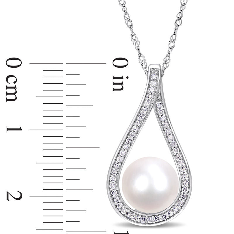 9.0 - 9.5mm Cultured Freshwater Pearl and 0.2 CT. T.W. Natural Diamond Open Teardrop Frame Pendant in 14K White Gold - 17"