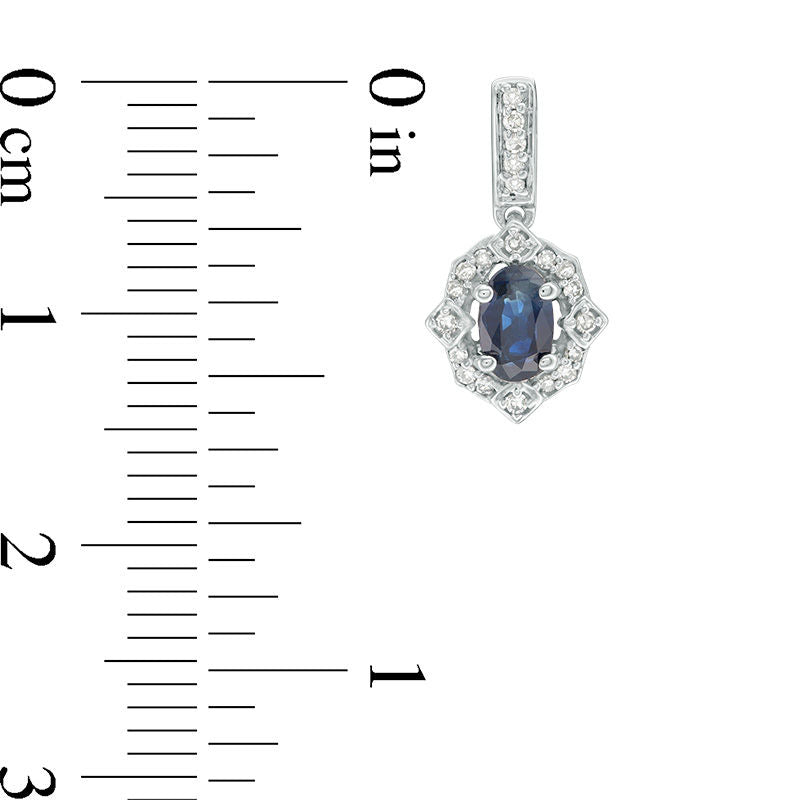 Oval Blue Sapphire and 0.13 CT. T.W. Diamond Ornate Frame Drop Earrings in 10K White Gold