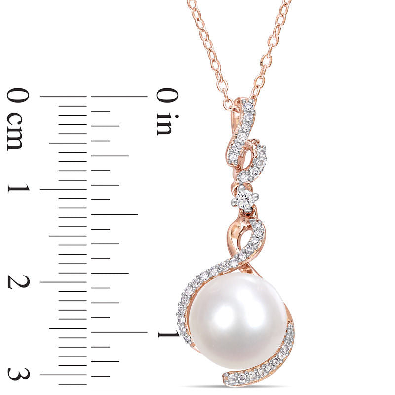 Cultured Freshwater Pearl, White Sapphire and 0.17 CT. T.W. Natural Diamond Drop Pendant in Sterling Silver with Rose Rhodium